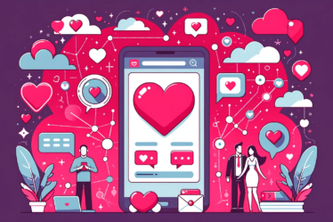 Miniaturka artykułu o randkowaniu online przedstawiająca serca, smartfon i dymki rozmów, symbolizujące miłość i nowoczesne związki w kolorach czerwieni, różu i fioletu, bez tekstu