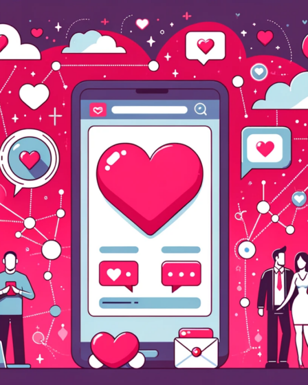 Miniaturka artykułu o randkowaniu online przedstawiająca serca, smartfon i dymki rozmów, symbolizujące miłość i nowoczesne związki w kolorach czerwieni, różu i fioletu, bez tekstu