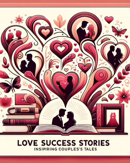 Sukces w Miłości: Inspirujące Historie Par' z elementami jak splecione serca, album zdjęciowy, i sylwetki par, symbolizujące różnorodność i piękno udanych związków, w ciepłych kolorach czerwieni, różu i złota.