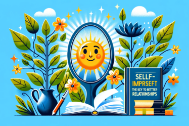 Samorozwój: Klucz do Lepszych Relacji' z elementami jak lustro odbijające szczęśliwą twarz, kwitnąca roślina, czy otwarta książka, symbolizujące samoświadomość, wzrost i naukę, w jasnych, optymistycznych kolorach niebieskim, zielonym i żółtym