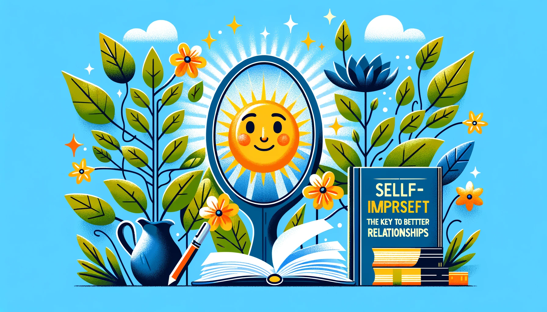 Samorozwój: Klucz do Lepszych Relacji' z elementami jak lustro odbijające szczęśliwą twarz, kwitnąca roślina, czy otwarta książka, symbolizujące samoświadomość, wzrost i naukę, w jasnych, optymistycznych kolorach niebieskim, zielonym i żółtym