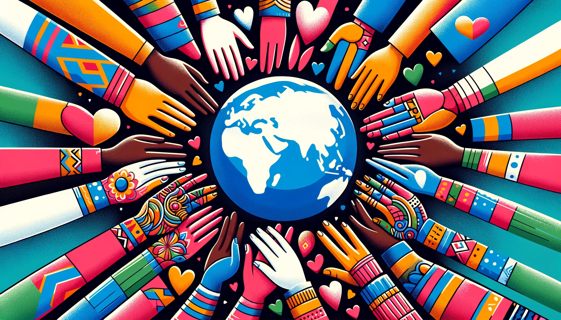 Miniaturka artykułu 'Przełamywanie Barier: Randkowanie Międzykulturowe' przedstawiająca splecione dłonie różnych odcieni skóry, glob oraz serca w różnych kolorach, symbolizujące piękno i różnorodność związków międzykulturowych, w żywej, inkluzywnej palecie barw.