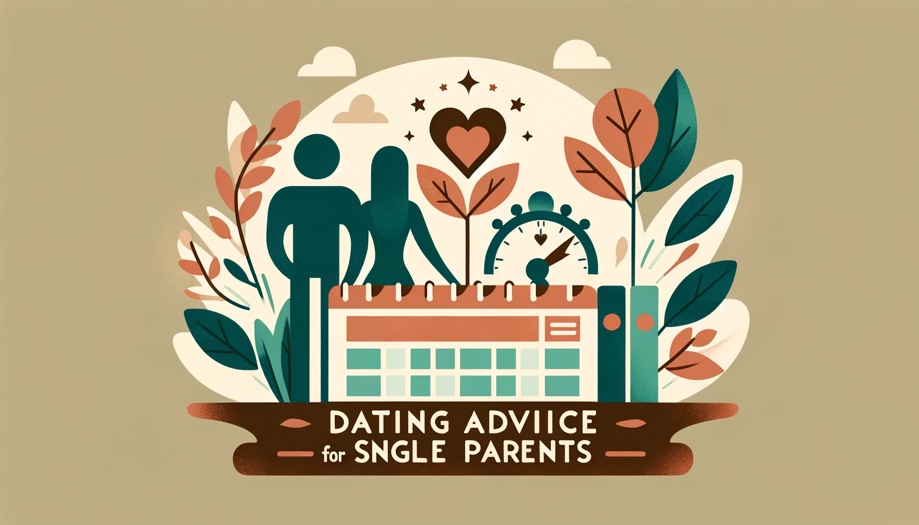 Miniaturka do artykułu o randkowaniu dla samotnych rodziców, z elementami jak sylwetka rodziny, serce, kalendarz, w łagodnych kolorach zieleni, błękitu, beżu.