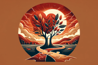 Miniaturka do artykułu o długotrwałych związkach, przedstawiająca dwa drzewa rosnące blisko siebie, puzzle, ścieżkę prowadzącą do zachodu słońca, w kolorach czerwieni, złota, odcieni ziemi