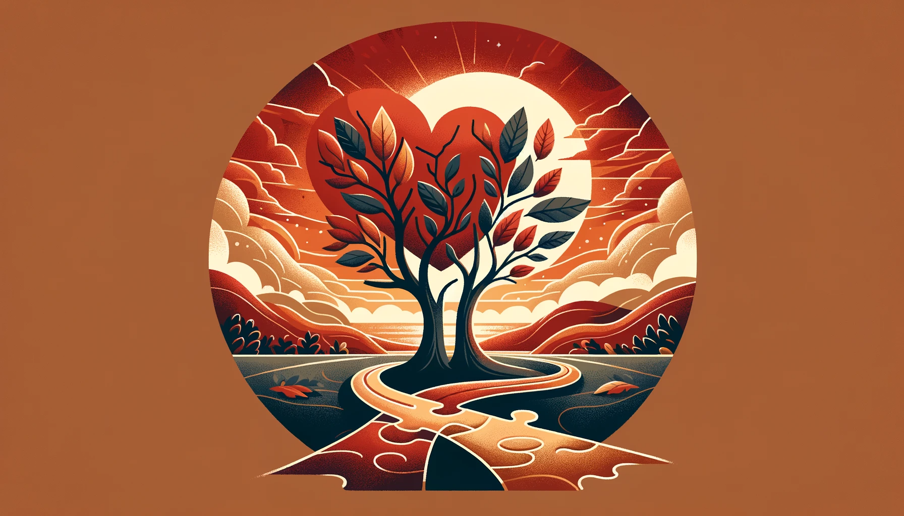 Miniaturka do artykułu o długotrwałych związkach, przedstawiająca dwa drzewa rosnące blisko siebie, puzzle, ścieżkę prowadzącą do zachodu słońca, w kolorach czerwieni, złota, odcieni ziemi
