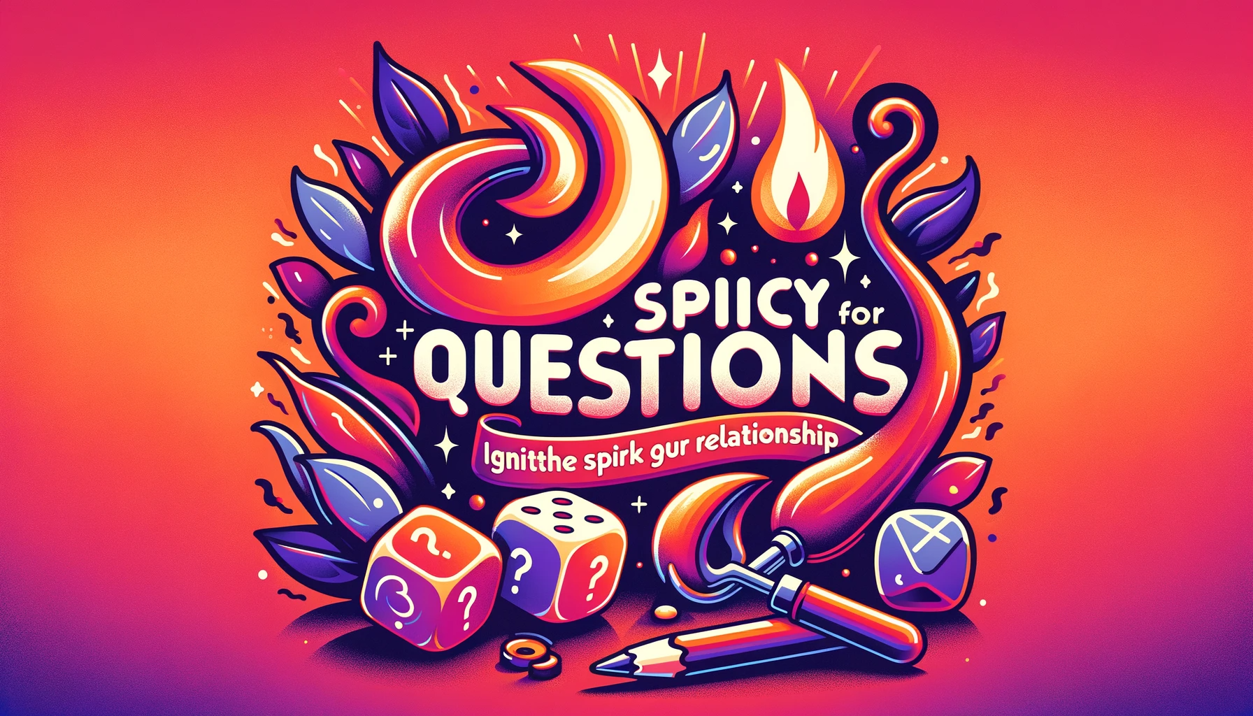 Miniaturka artykułu "Pikantne Pytania dla Par", przedstawiająca płomień, parę kości, znak zapytania, w kolorach czerwieni, pomarańczy i głębokiego fioletu